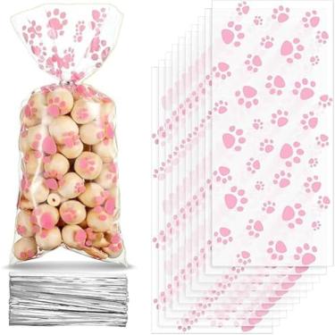 Imagem de YESON Garra de gato impressão de marca de garra de cachorro sacos de guloseimas de celofane transparente saco de plástico de doces para violoncelo, rosa 5,2 × 11,5 cm, pacote com 50