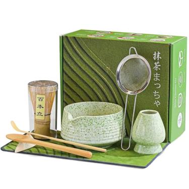 Imagem de BEWOS Conjunto de 8 batedores Matcha – tigela de cerâmica de 510 g com bico, peneira matcha, suporte para batedor matcha e batedor de bambu Matcha | colher matcha, kit completo de cerimônia de chá