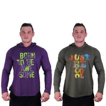 Imagem de Kit 2 Camisetas Manga Longa com Touca Longline Estampada Treino Academia Lazer Casual-Masculino