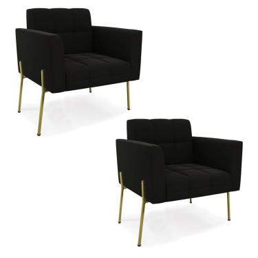 Imagem de Poltrona Pé De Ferro Dourado Para Sala Kit 2 Elisa Suede D03 - D'rossi Cor Preto