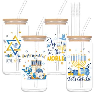 Imagem de Shejdgart Presentes de copos de vidro de Hanukkah - 4 peças de copos de chanucá de 473 ml, caneca de café com tampa canudo, pote de vidro Happy Hanukkah, presentes para festival de luzes, artigos de