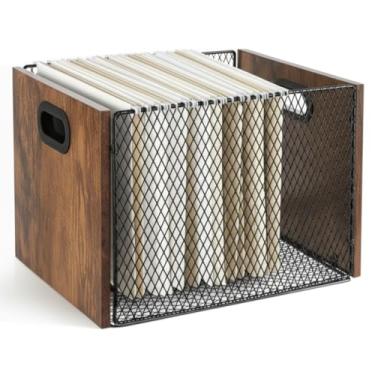 Imagem de Yalikop Organizador de arquivos pendurado, caixa de arquivos, pastas suspensas, armário rústico de madeira marrom com alça para mesa de escritório em casa, tamanho carta