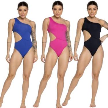 Imagem de KIT 3 Maiô Um Ombro Só Vekyo Básico Fenda Costa Nua Confortavel Verão 