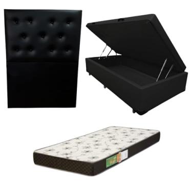 Imagem de Cama Box Baú Solteiro Blindada com Colchão Solteiro Espuma D20 12cm | Kit Completo com Cabeceira Botonê Opcional | Diversas Cores (3, CORINO PRETO, COM CABECEIRA)