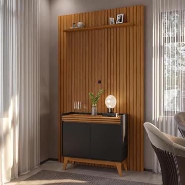 Imagem de Painel Ripado 139cm com Buffet Ripado 2 Portas 92cm - Preto e Cedro