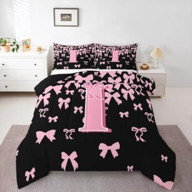 Imagem de jejeloiu Conjunto de edredom infantil com laço fofo, solteiro, letra I, preto, rosa, coquete com laço, edredom para quarto de crianças, meninos, meninas, monograma, estilo princesa sonhadora