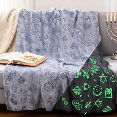 Imagem de Cobertor de Hanukkah que brilha no escuro, manta de flanela macia com menorá, Dreidels e estrelas de Davi, cobertor de feriado judaico aconchegante para crianças e adultos, presente de decoração de