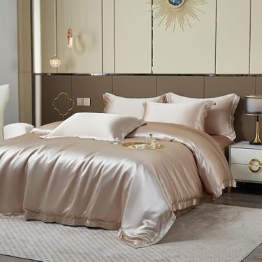 Imagem de SXYMTSW Conjunto de capa de edredom de seda pura amoreira 4 peças, conjunto de cama respirável super macio adulto, para cabelo e pele (2 fronhas, 1 capa de edredom, 1 lençol de cima, sem edredom