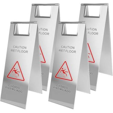 Imagem de Placa de cuidado de piso molhado de aço inoxidável, placa bilíngue com cabo portátil de 61 cm, placa bilíngue, uso comercial, placa dobrável para cozinha, restaurante, loja, prata