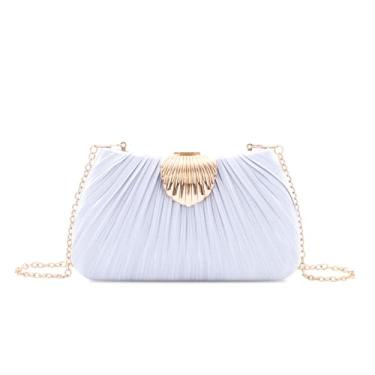 Imagem de Fecialy Bolsa clutch feminina de cetim plissada com fecho de concha bolsa para festa formal, Prata, 19.5 x 4.5 x 11 cm (7.68 x 1.55 x 4.33 inches)