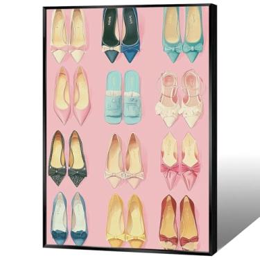 Imagem de BFADMN Pôster de sapato feminino de luxo vintage moderno colorido salto laço arte de parede em tela coquete rosa feminino quarto impressão estética pintura para casa quarto sala de estar decoração de