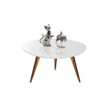 Imagem de Mesa De Centro Redonda Laqueada Com Vidro Colado Pé Palito 60cm Branco