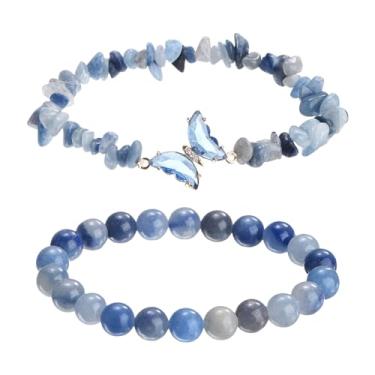 Imagem de PATIKIL Pulseiras de cristal para mulheres, 2 peças, pulseira de contas de ametista natural com pingente de borboleta elástica para presentes de amizade de casal, azul