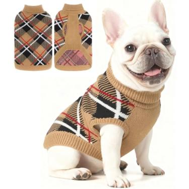 Imagem de EXPAWLORER Suéter de outono para cães pequenos, médios e grandes, pulôver de malha com gola rolê para clima frio, roupas xadrez clássicas para animais de estimação, roupas de moletom para o inverno