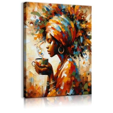 Imagem de Arte de parede de mulher negra, decoração de parede afro-americana, estampa de pôster de menina de café, quadro tribal africano para sala de estar, quarto, pronto para pendurar (tela de 61 x 91 cm)