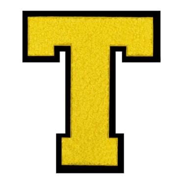 Imagem de 1 PÇ Patch de letra de chenille amarelo de 15 cm com borda preta – Remendos do alfabeto para roupas, jaquetas, mochilas, chapéus para decoração personalizada, nome personalizado e artesanato. (T)