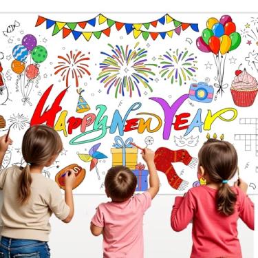 Imagem de Pôster de colorir de ano novo, toalha de mesa de colorir feliz ano novo para crianças, 78 x 182 cm, capa de mesa gigante para colorir, pôster de desenho de papel, artesanato artístico, decoração de