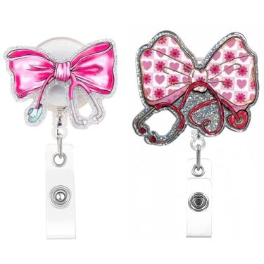 Imagem de Carretel de crachá de enfermeira, 2 peças de carretel de crachá de laço fofo com clipe de jacaré retrátil, suporte de crachá de identificação de acrílico, presentes de enfermeira para trabalho médico