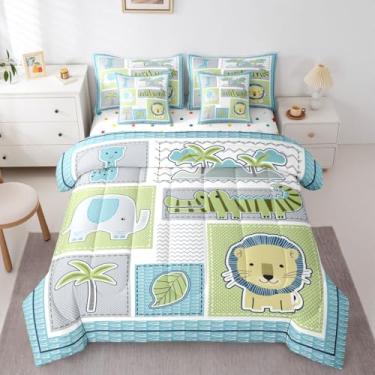 Imagem de Feelyou Conjunto de edredom fofo de animais da selva com 7 peças, solteiro, safári, leão, girafa, dinossauro, para meninos e meninas, coqueiro, palmeira, decoração de quarto de microfibra leve e macia