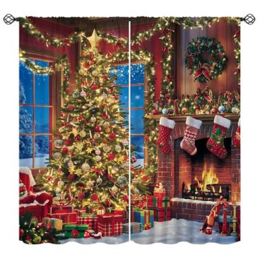 Imagem de Cortinas blackout de Natal, lareira quente vintage, árvore de Natal, decoração de janela, tratamentos para quarto, sala de estar, casa, 107 cm L x 114 cm C (sem apagão)