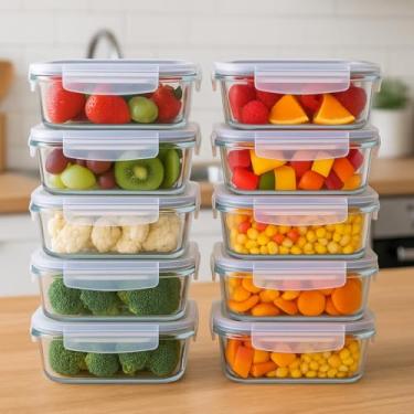 Imagem de Kit 10 Potes De Vidro Hermético 640ml 4 Travas Livre De BPA (Cinza)