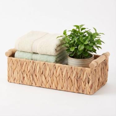Imagem de Cesta de jacinto de água tecida à mão com alças de madeira, bandeja organizadora de vime para balcão de banheiro, cozinha, cômoda, mesa de centro – Cesto de armazenamento boho natural para decoração
