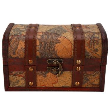 Imagem de Caixa de joias de madeira para baú de tesouro de pirata antigo - Estojo de armazenamento de bugigangas vintage feito à mão com design de mapa, presente de decoração de casa em (Trombeta do mapa)