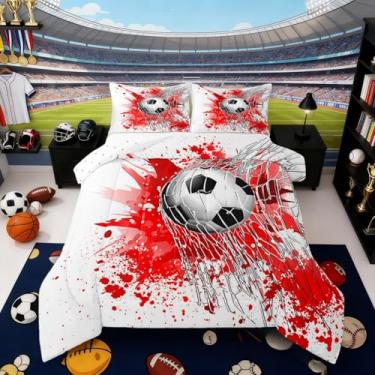 Imagem de Erosebridal Jogo de cama de futebol para meninos, tamanho solteiro, preto, branco, futebol, para crianças, adolescentes, bola, esportes, jogos, edredom com tinta vermelha, pinceladas e pinceladas
