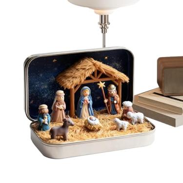 Imagem de Mini Presépio de Natal em caixa de lata | Decoração de mesa de Natal - Decoração de mesa religiosa | Para grupos de igreja, colecionadores, escola, sala de aula, cornija, lareira, sala de estar