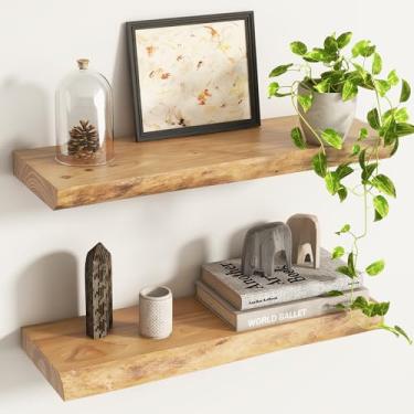 Imagem de Venusmiles Prateleiras flutuantes Live Edge para decoração de parede, shevles de madeira maciça rústica montadas na parede com suporte invisível para sala de estar, banheiro, quarto, cozinha, 60 cm