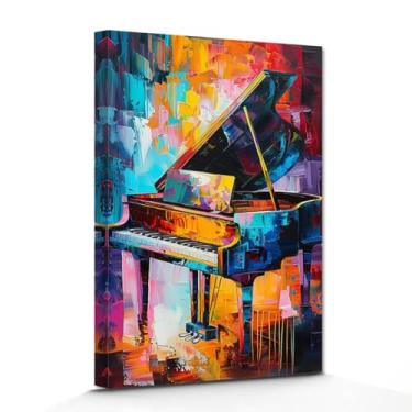 Imagem de DOARTDO Arte de parede em tela de música vintage imagens coloridas de piano pintura de instrumento retrô impressão tema musical pôster sala de aula moldura para decoração de sala de estar (40,6 cm x