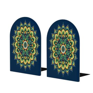 Imagem de Suportes de livros de madeira grandes étnicos azuis damasco suporte de livros decorativo antiderrapante resistente terminais de livro para mesa de escritório em casa biblioteca de estudo escolar