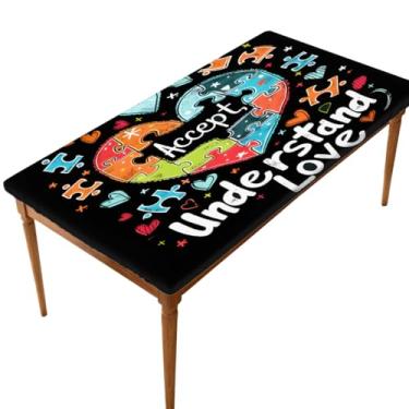 Imagem de Toalha de mesa retangular de 1,8 m elástica ajustada para autismo, lindo coração, capa de mesa retangular, à prova d'água, lavável, protetor de mesa para piquenique, jantar, cozinha, decoração ao ar