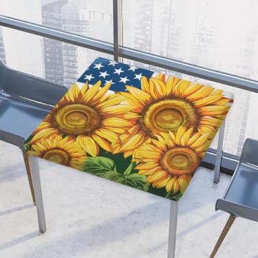 Imagem de hongjinglin Toalha de mesa quadrada para uso externo com borda elástica, toalha de mesa quadrada com flores limpáveis, girassóis, bandeira, toalha de mesa para ambientes externos, ambientes internos