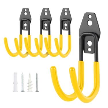 Imagem de Pruite Suporte de parede para mangueira, suporte de mangueira resistente com parafusos, cabides de mangueira de metal para fora, suporte de mangueira adequado para garagem, jardim e quintal, amarelo