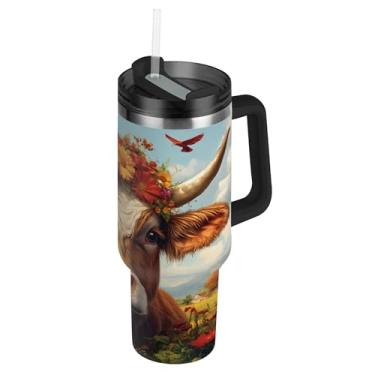 Imagem de SEHANY Copo Highland Cow de 850 g com tampa e canudo, aço inoxidável de vácuo duplo isolado garrafa de água esportiva suporte para copo de café de viagem à prova de vazamento para bebida gelada