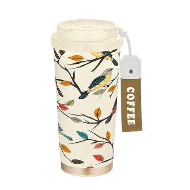 Imagem de SEHANY Caneca de viagem de pássaro colorida de 482 g Copos de café reutilizáveis revestidos de cerâmica com tampa à prova de vazamento, parede dupla, copo de café de aço inoxidável isolado a vácuo