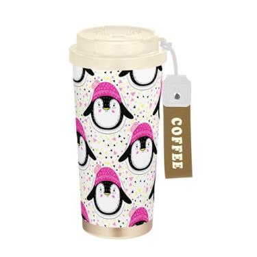 Imagem de SEHANY Caneca de viagem de pinguim fofa de 482 g Copos de café reutilizáveis revestidos de cerâmica com tampa à prova de vazamento, parede dupla, isolamento a vácuo, copo de café de aço inoxidável