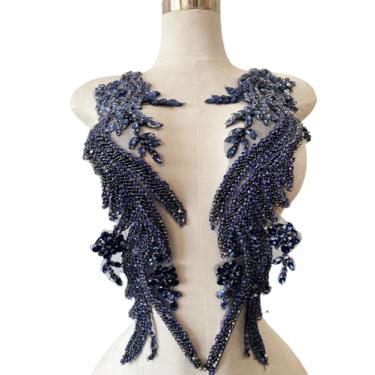 Imagem de Jpumley.pksn Apliques de renda de strass feitos à mão costurados em miçangas para acessórios de roupas de vestido 1 par/bolsa 14 x 20 cm (azul escuro)
