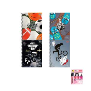 Imagem de Kit Caderno Universitário Vibe Masc 160F Tilibra Caneta Esferográfica Pote 24 Unidades Marca Texto Boss 4 Cores