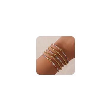 Imagem de SHINUS BOHO Conjunto de pulseiras com contas banhadas a ouro 14K para mulheres, contas elásticas boêmias, coloridas, joias, amizade, verão, moderno, 7.0, Sem Pedra Preciosa