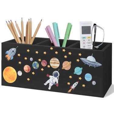 Imagem de Yhtrg Porta-lápis de madeira para decoração do espaço sideral, para mesa, decoração de astronauta, tema espacial, decoração de quarto, presente para crianças, o sistema solar, pincel de maquiagem de