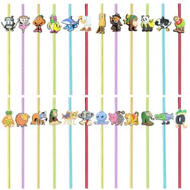 Imagem de Canudos reutilizáveis Italian Brainrot, pacote com 24 — cores sortidas com designs de personagens em estilo meme, lembrancinhas de festa e novidades, opções espirais e retas (retas)