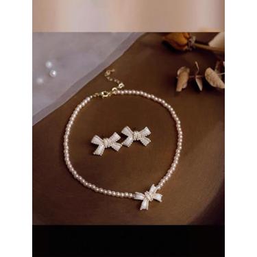 Imagem de Gargantilha feminina com laço de pérola grossa e delicada joia de pérolas falsas elegante para festa de casamento