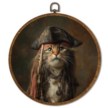 Imagem de Decoração de arte de parede redonda vintage 25,5 x 25,4 cm, retrato de gato vitoriano, arte de parede emoldurada, decoração em tela emoldurada para amantes de gatos, decoração de arte de retrato