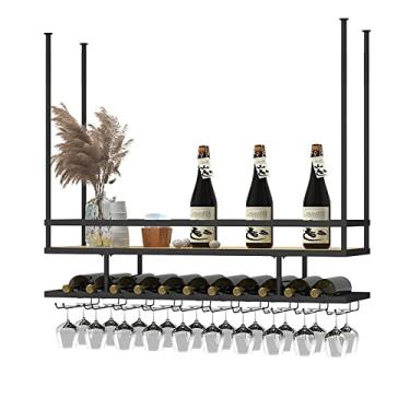 Imagem de Prateleira de teto suspensa para vinho com suporte de vidro e prateleira, rack de vidro de 2 camadas de teto, para bar, cozinha, sala de jantar, fácil de instalar