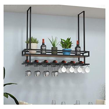 Imagem de Prateleira de teto para pendurar no teto, prateleira suspensa de teto com suporte para copo de vinho, suporte de garrafa de vinho de ferro de 2 camadas, para bar, sala de jantar