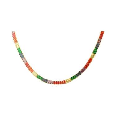 Imagem de Colar De Tênis Com Zircônia Cúbica Arco-Íris Larga Na Cor Dourada Para