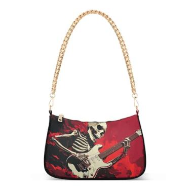 Imagem de CEBUGI Bolsas transversais femininas bolsa de ombro caveira tocando guitarra bolsa clutch elegante com alça de corrente