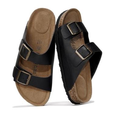 Imagem de Project Cloud Sandálias rasteiras femininas de couro genuíno 2025 Beach Essentials sandálias femininas com espuma viscoelástica para férias essenciais para calçados femininos (Venita), Preto, 8 UK